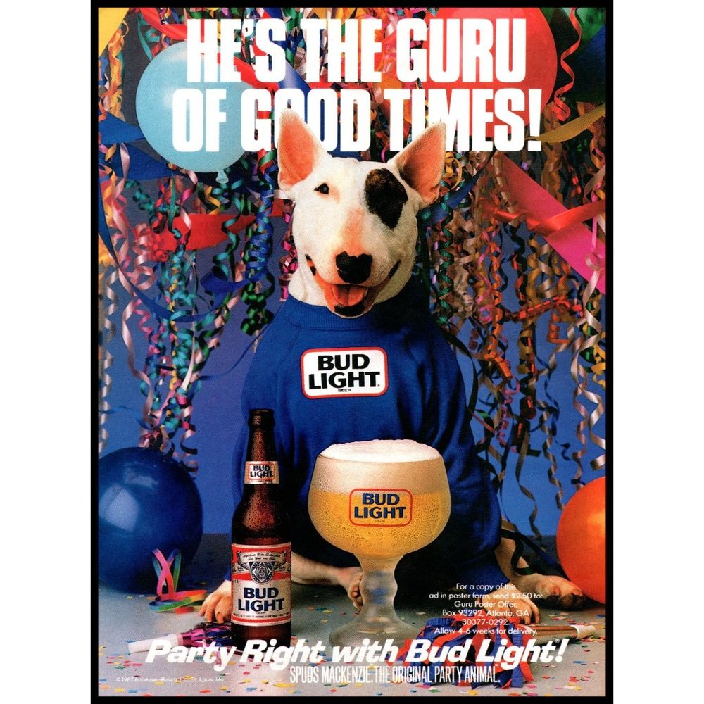 1988 Bud Light Beer Vintage Print Ad Party Spuds McKenzie Bull Terrier Dog Art